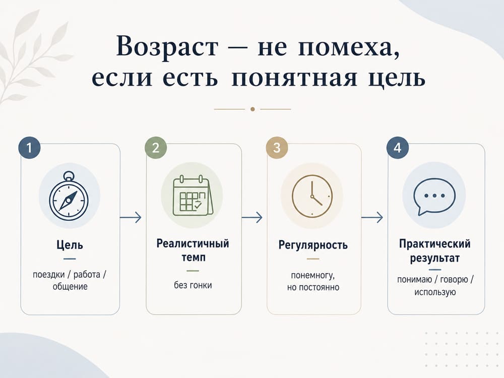 Возраст не помеха изучению английского: цель, реалистичный темп, регулярность и практический результат