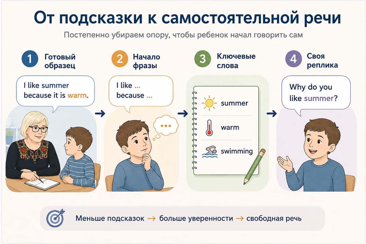Переход от подсказки к самостоятельной речи: образец, начало фразы, ключевые слова и свободная реплика