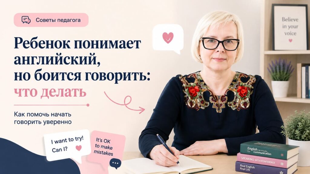 Преподаватель английского языка помогает ребенку увереннее отвечать устно