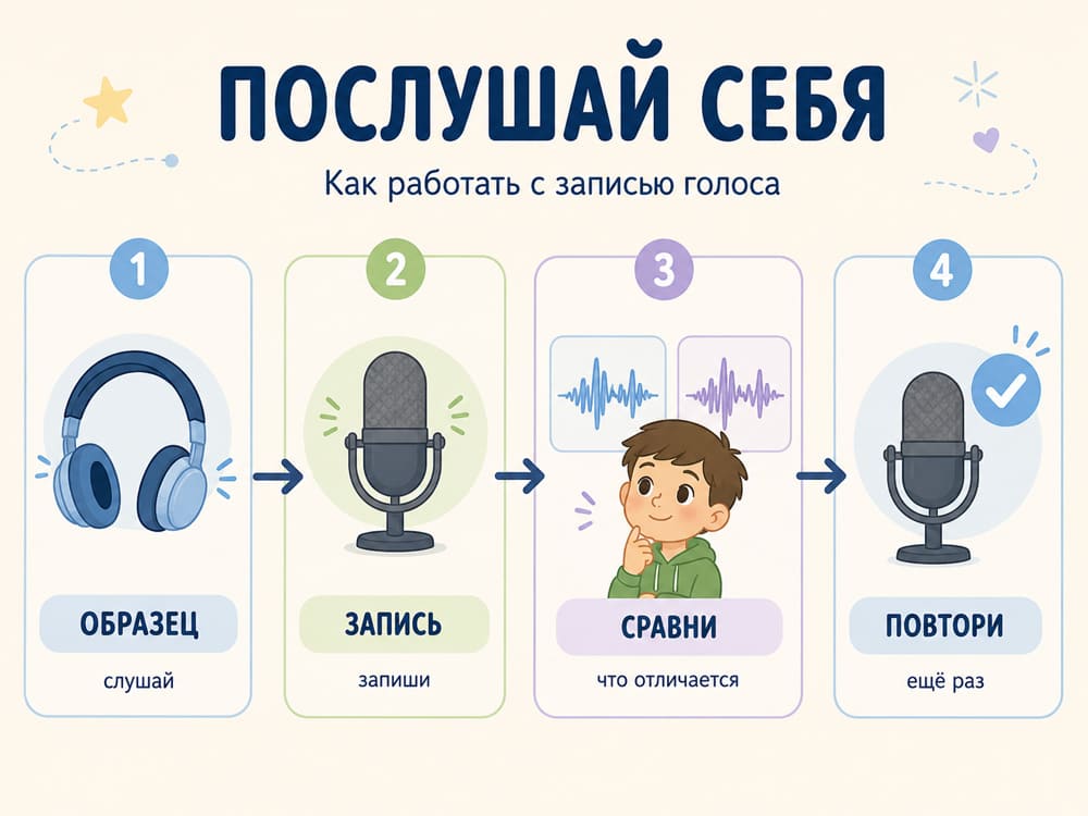 Как работать с записью своего голоса: послушать образец, записать себя, сравнить и повторить