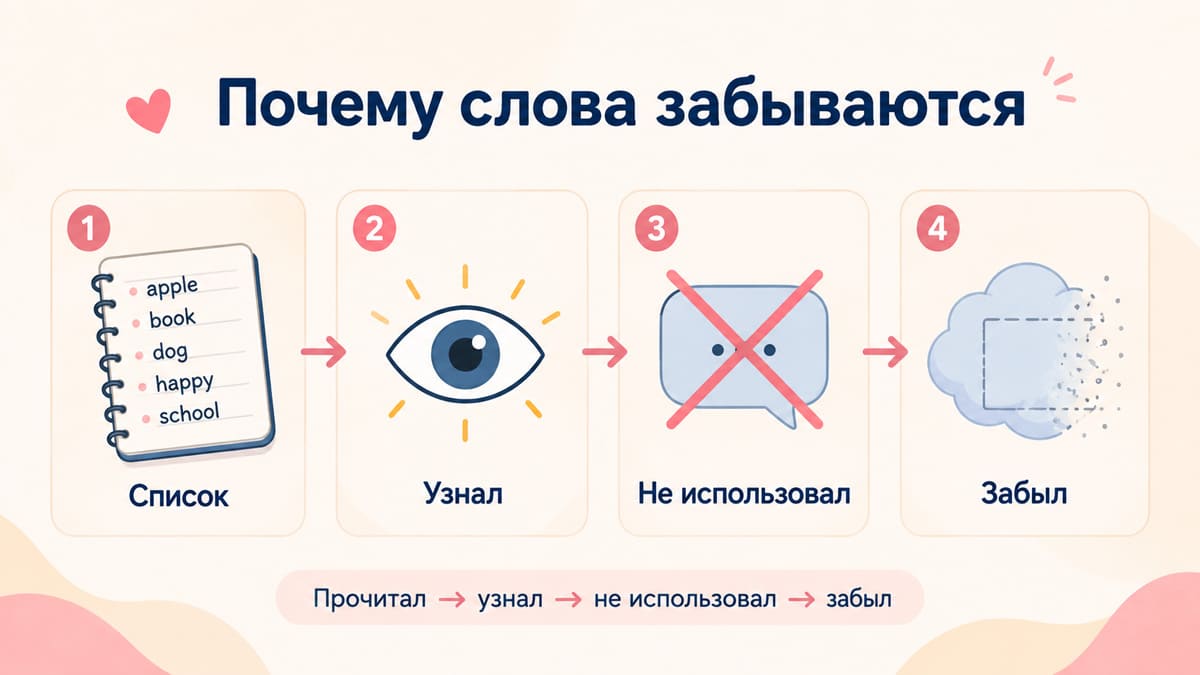 Почему английские слова забываются: прочитал список, узнал, не использовал и забыл