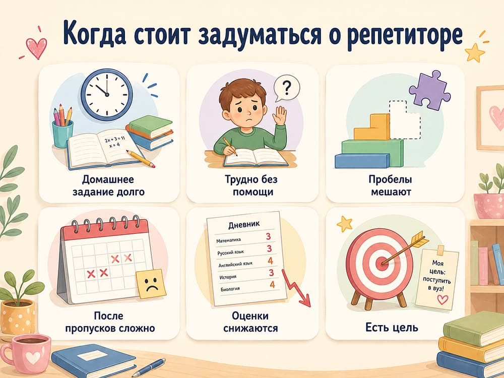 Признаки, когда стоит задуматься о репетиторе: трудное домашнее задание, постоянная помощь, пробелы, пропуски, снижение оценок и конкретная цель