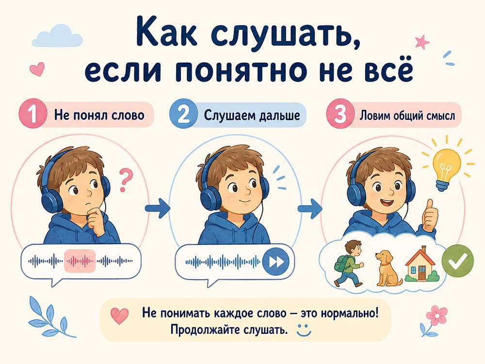 Как слушать английскую речь, если понятно не все: не останавливаться на одном слове, слушать дальше и понимать общий смысл