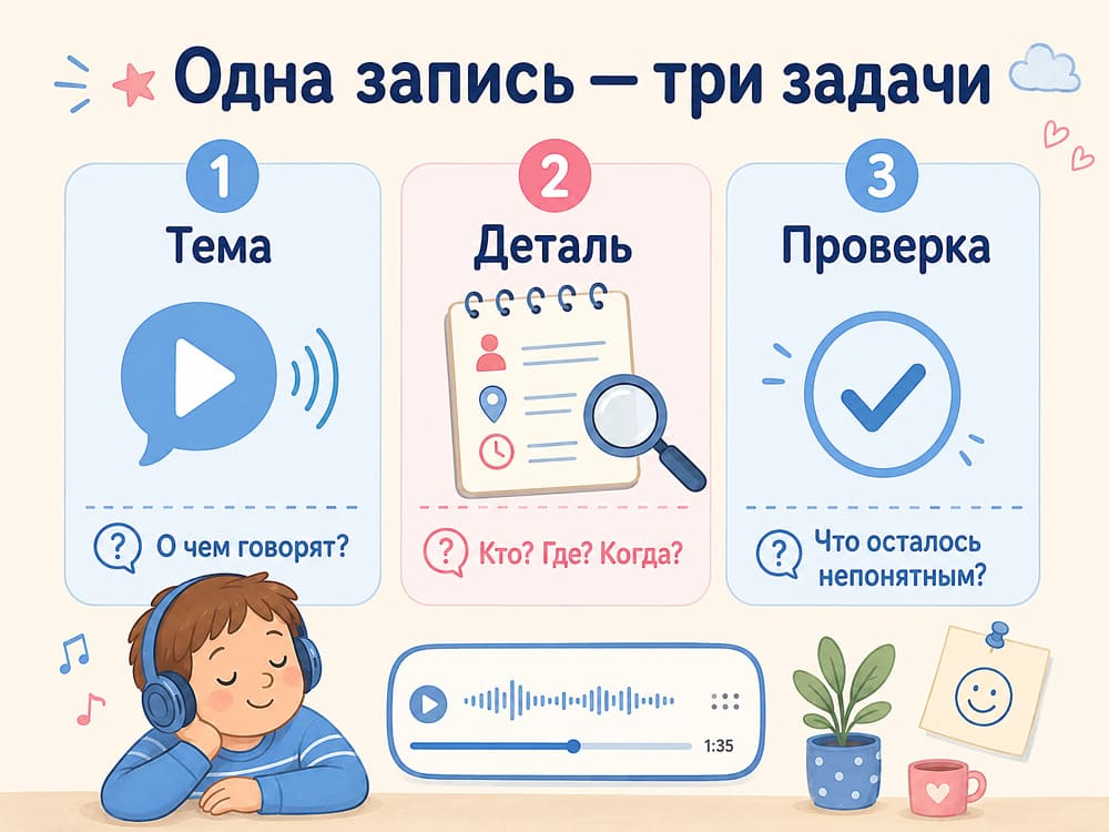 Одна аудиозапись и три задачи: определить тему, найти деталь и проверить непонятное место