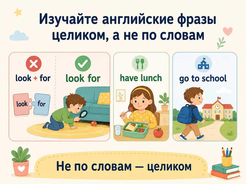 Английские выражения, которые лучше запоминать целиком: look for, have lunch, go to school