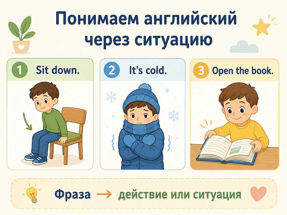 Понимание английских фраз через действия и ситуации: Sit down, It’s cold, Open the book"