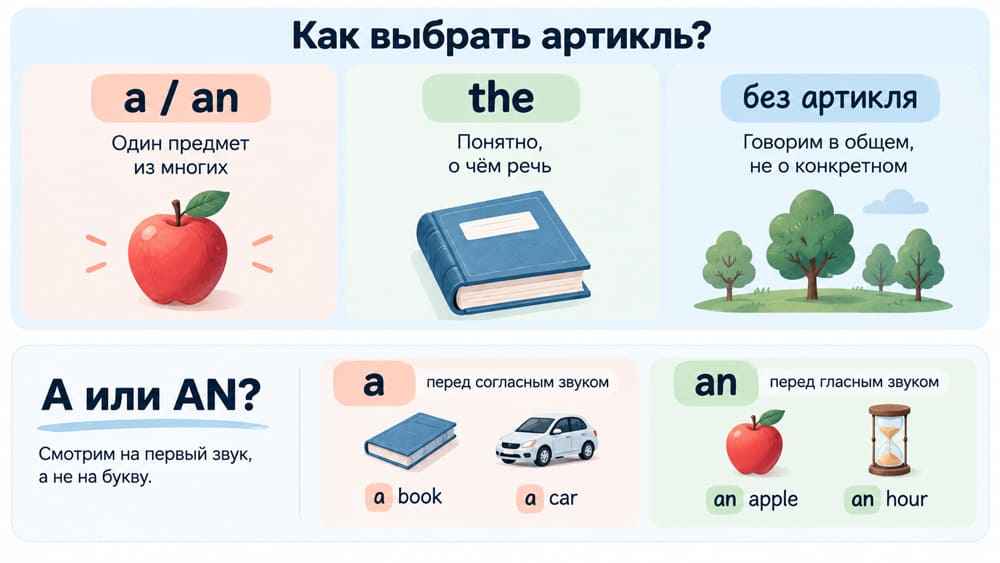 Схема выбора артикля a, an, the или отсутствие артикля
