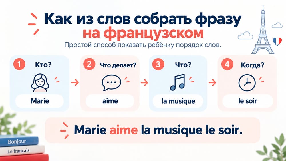 Как из слов составить фразу на французском: кто, действие, дополнение и время