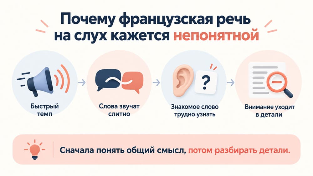 Почему французскую речь трудно понимать на слух: быстрый темп, слитное звучание, трудность узнавания знакомых слов и внимание к деталям