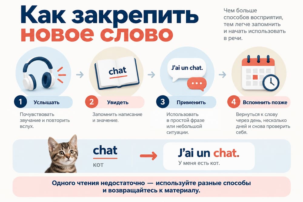 Новую лексику легче закреплять, если не только читать её, но и слышать, применять и повторять через время