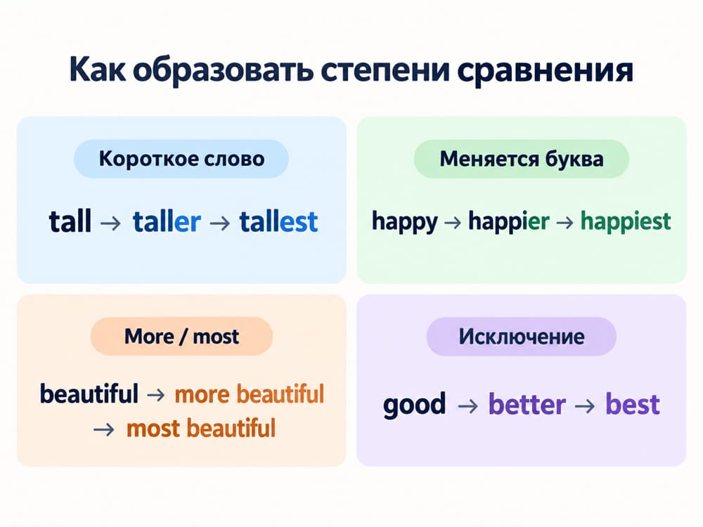 Четыре модели образования степеней сравнения: tall — taller — tallest, happy — happier — happiest, beautiful — more beautiful — most beautiful, good — better — best