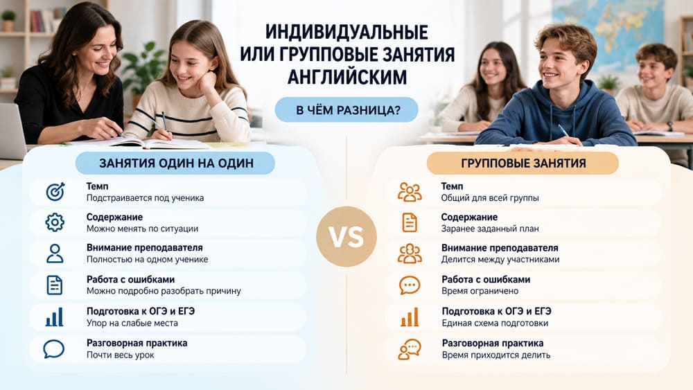 Сравнение индивидуальных и групповых занятий английским для школьника