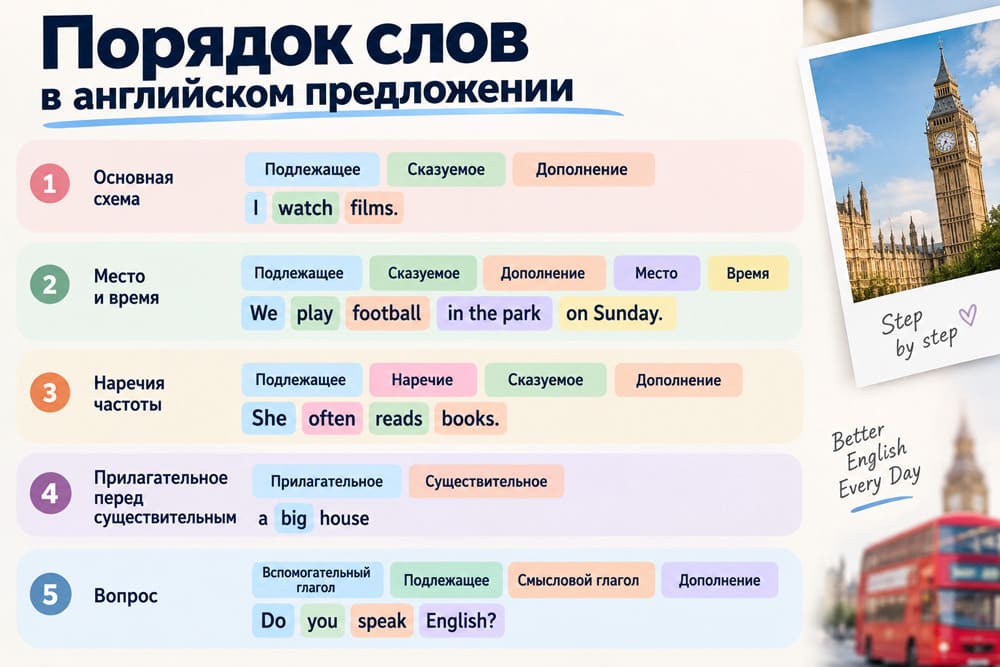 Порядок слов в английском языке: утверждение, место и время, наречия, прилагательные и вопросы